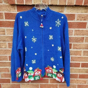 Vintage Tiara International Christmas Sweater Women's Sz Large Full Zip Snowmen